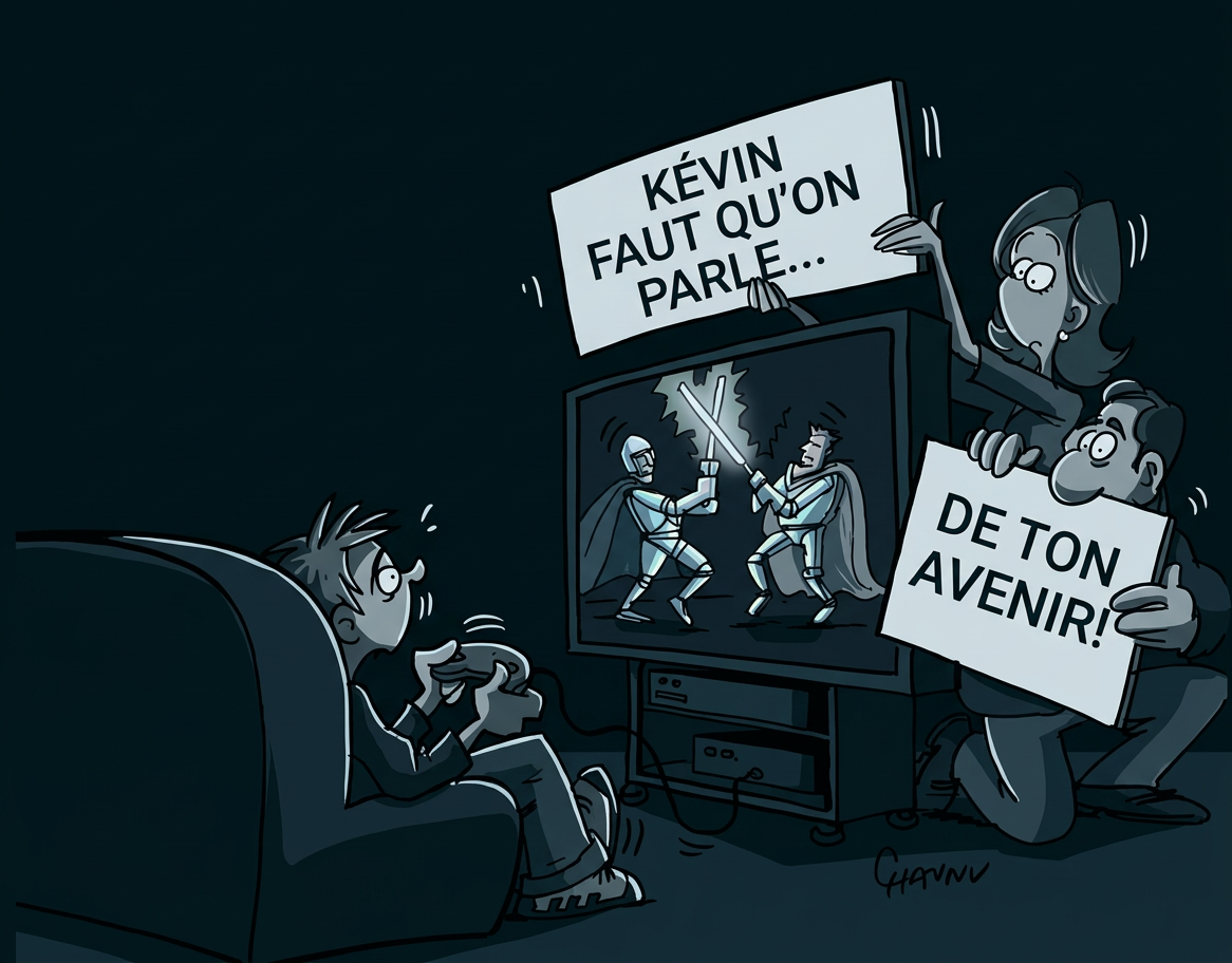 Karikatur: Ein Junge spielt Videospiele, während seine Eltern Schilder hochhalten und ihn zum Aufhören auffordern.
